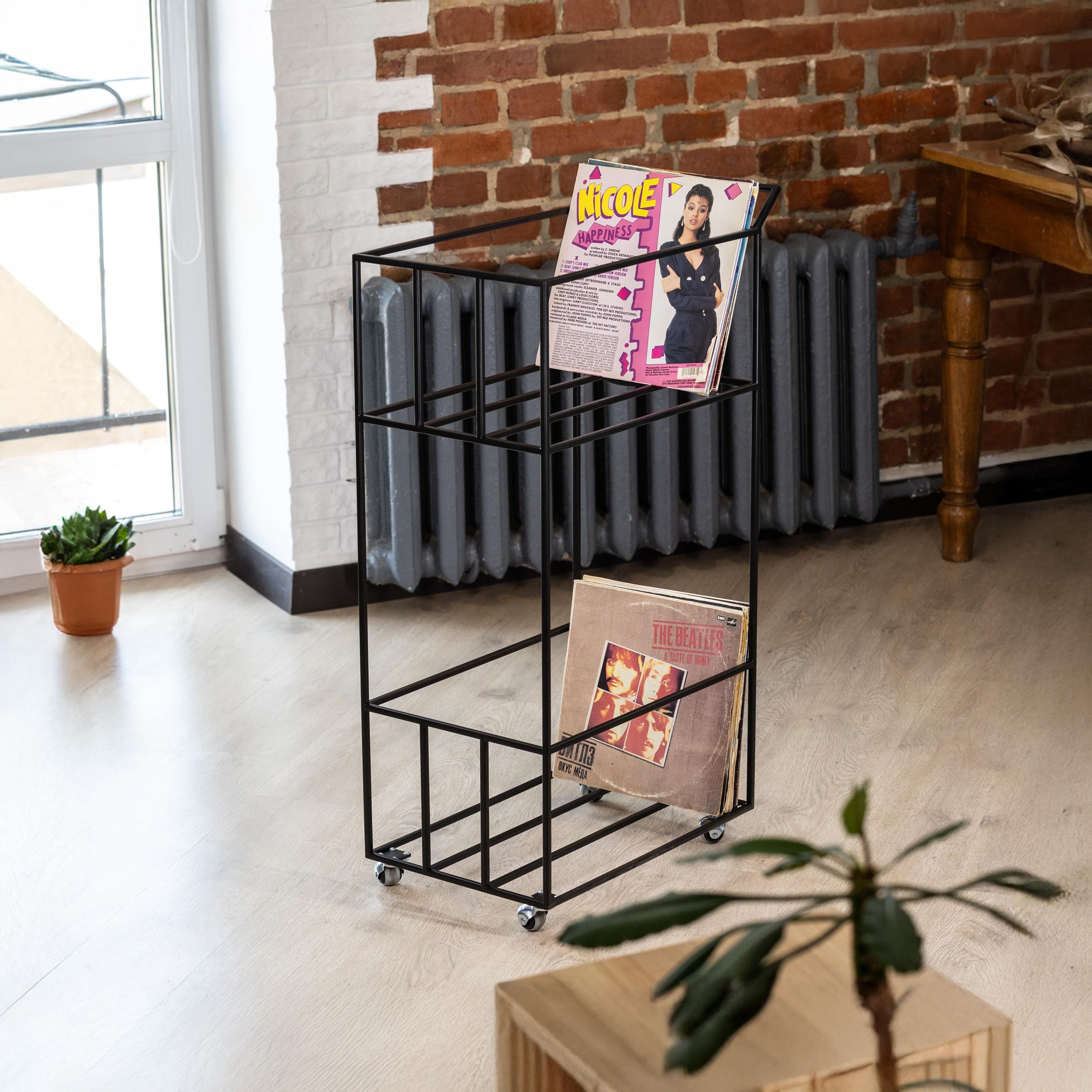 Record Holder LP Storage Cart Minimalist Vinyl Rack With Wheels Modern Rolling Stand Organizer Music Lovers Handmade Gift For Collector Room