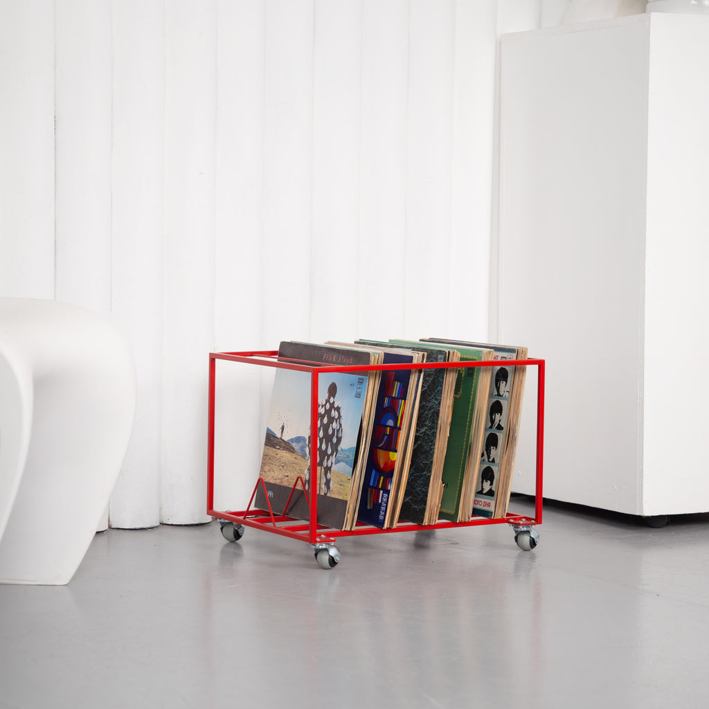 Vinyl Record Stand on Wheels – Metal LP Storage Rack with Dividers, Modern Vinyl Organizer
