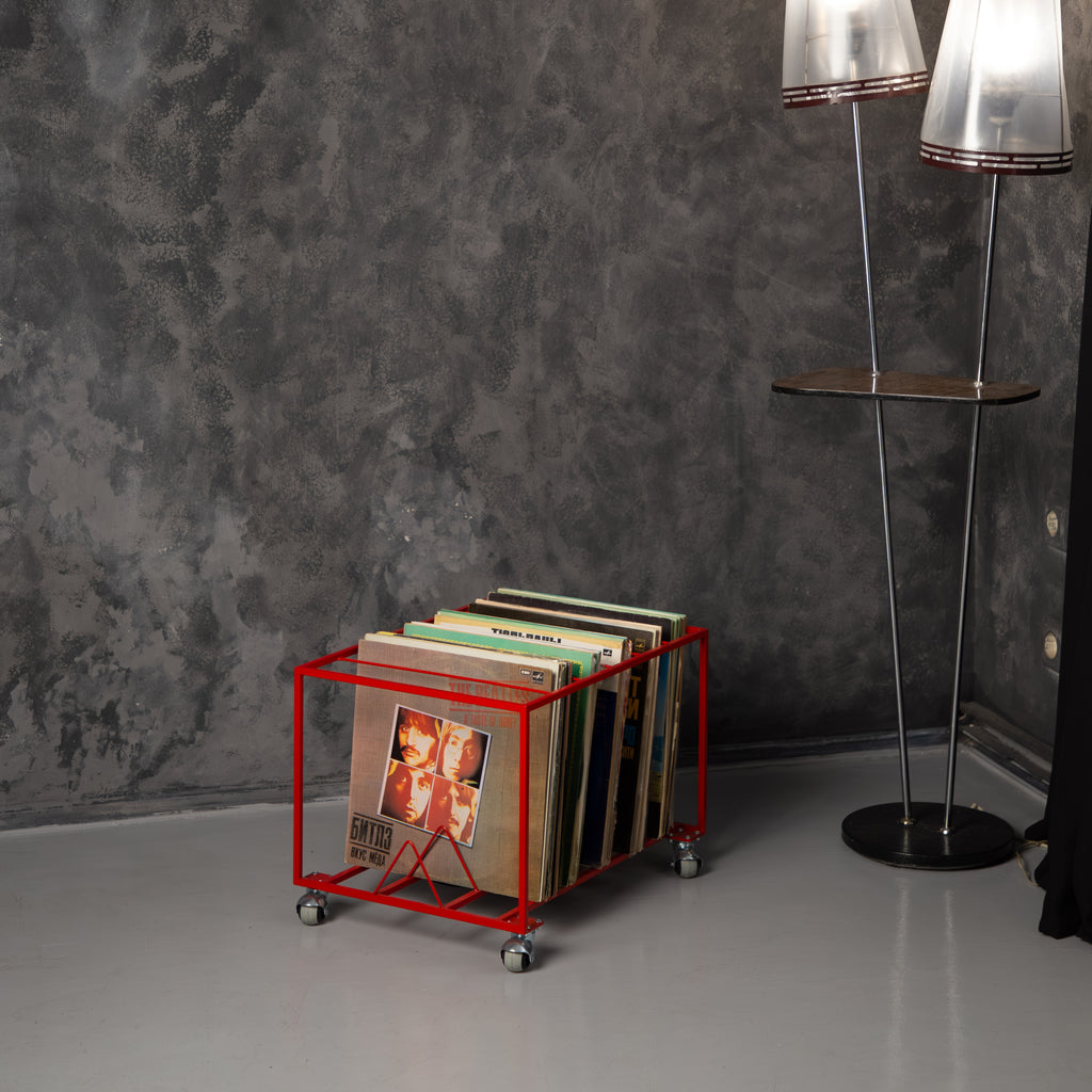 Vinyl Record Stand on Wheels – Metal LP Storage Rack with Dividers, Modern Vinyl Organizer