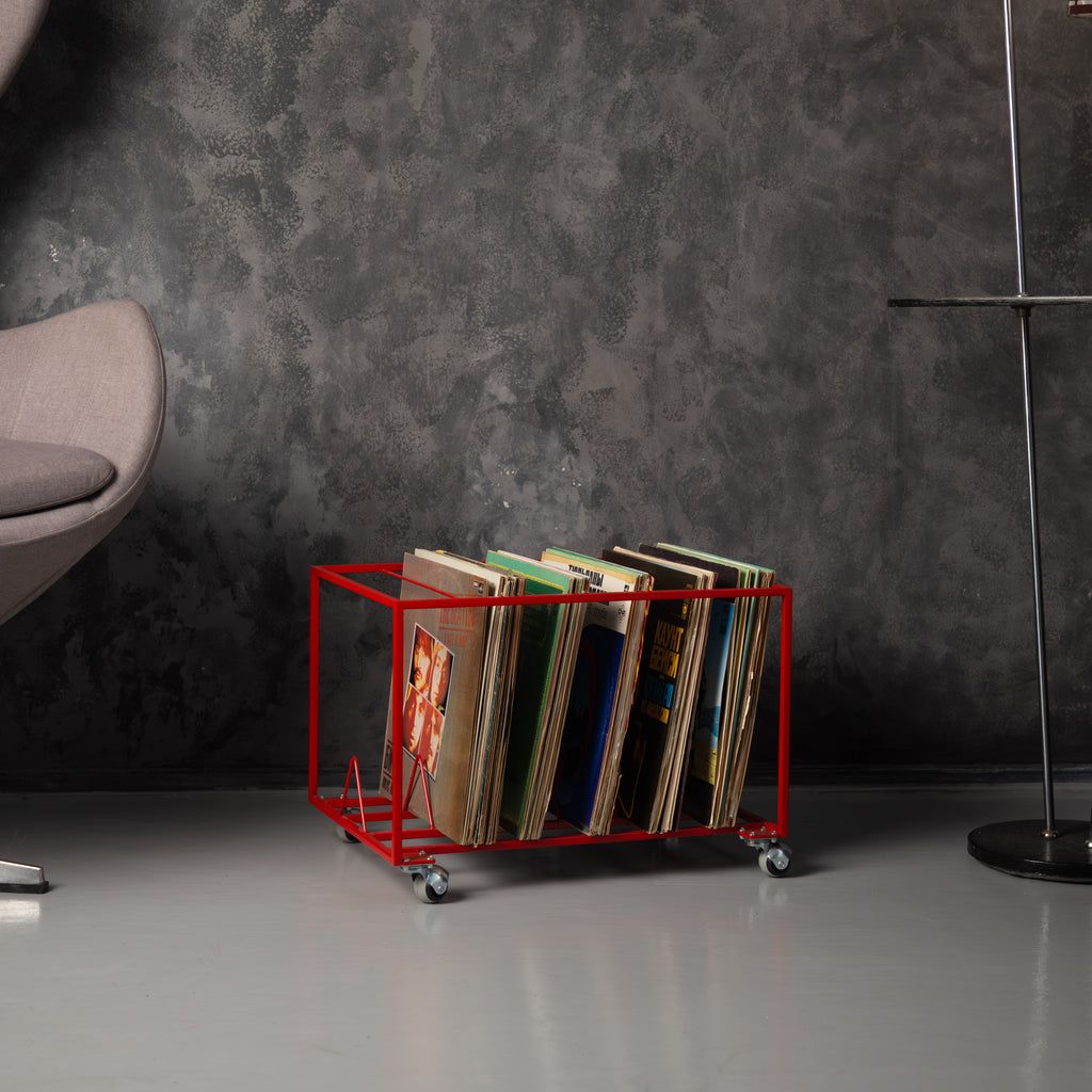 Vinyl Record Stand on Wheels – Metal LP Storage Rack with Dividers, Modern Vinyl Organizer