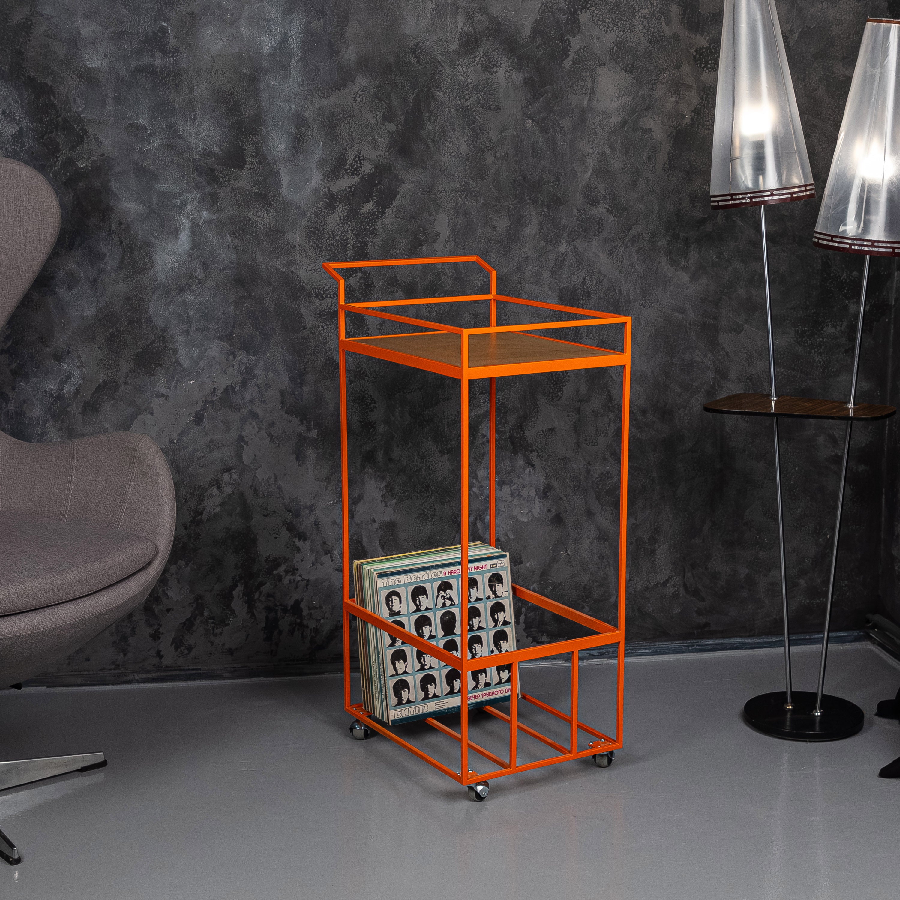 Rolling Vinyl Record Stand – Minimalist Metal Record Storage Cart on Wheels