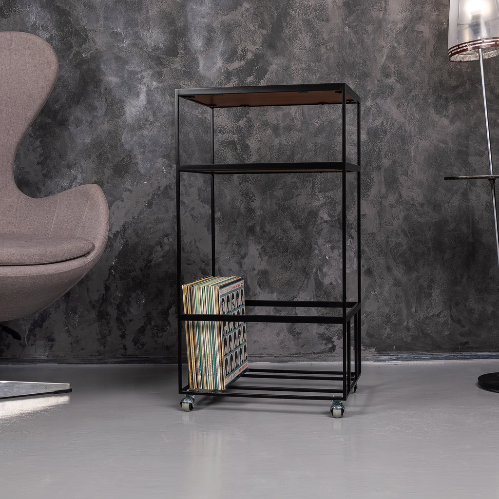 Modern Rolling Vinyl Record Stand with LP Storage, Metal Turntable Table