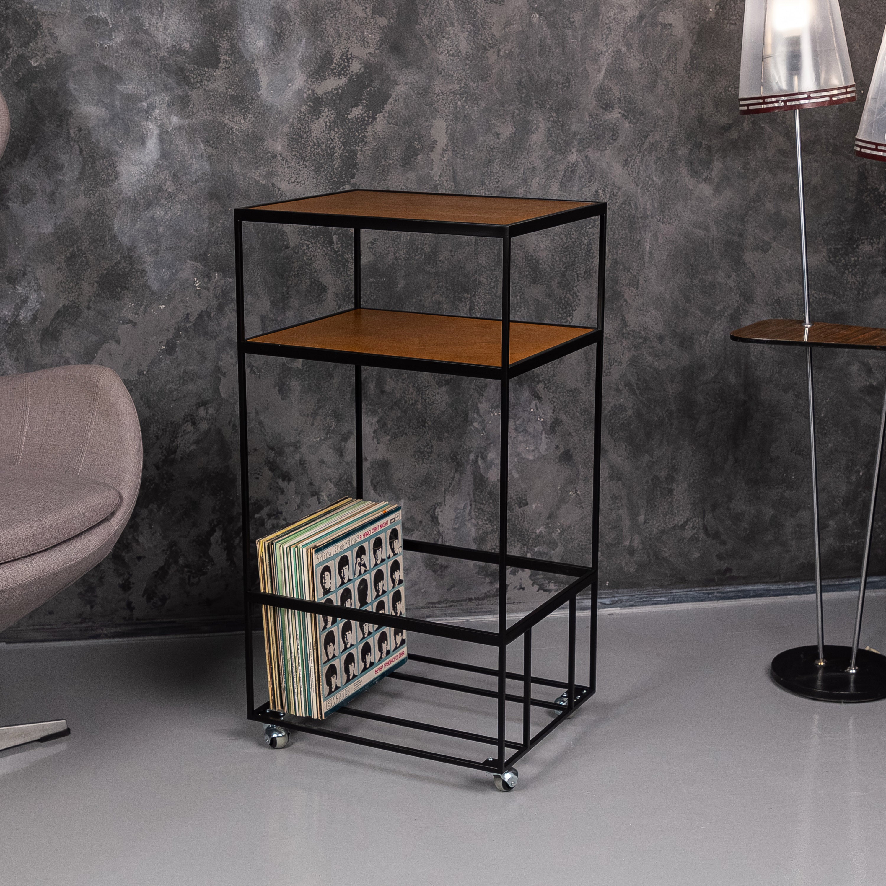 Modern Rolling Vinyl Record Stand with LP Storage, Metal Turntable Table