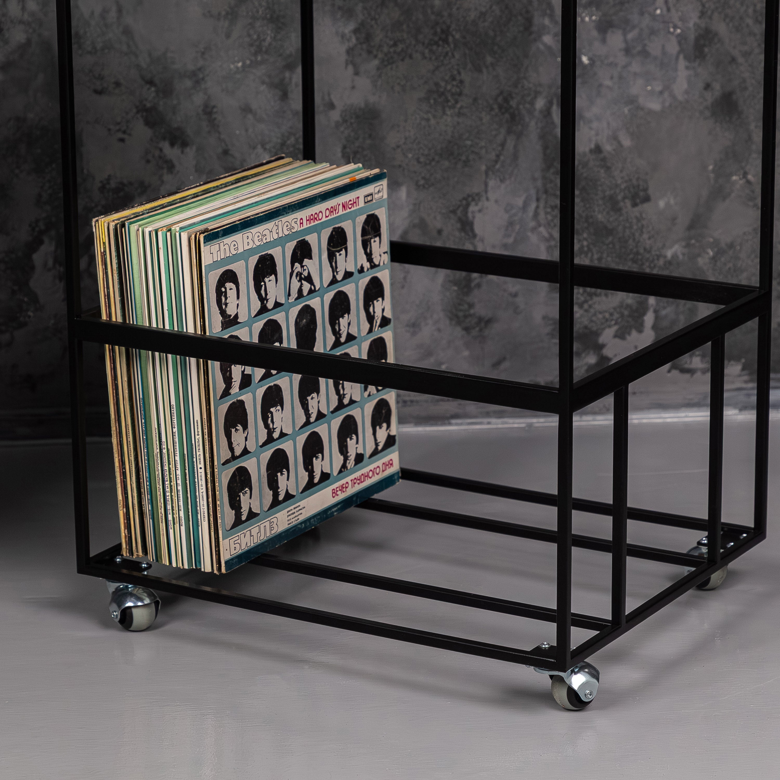Modern Rolling Vinyl Record Stand with LP Storage, Metal Turntable Table