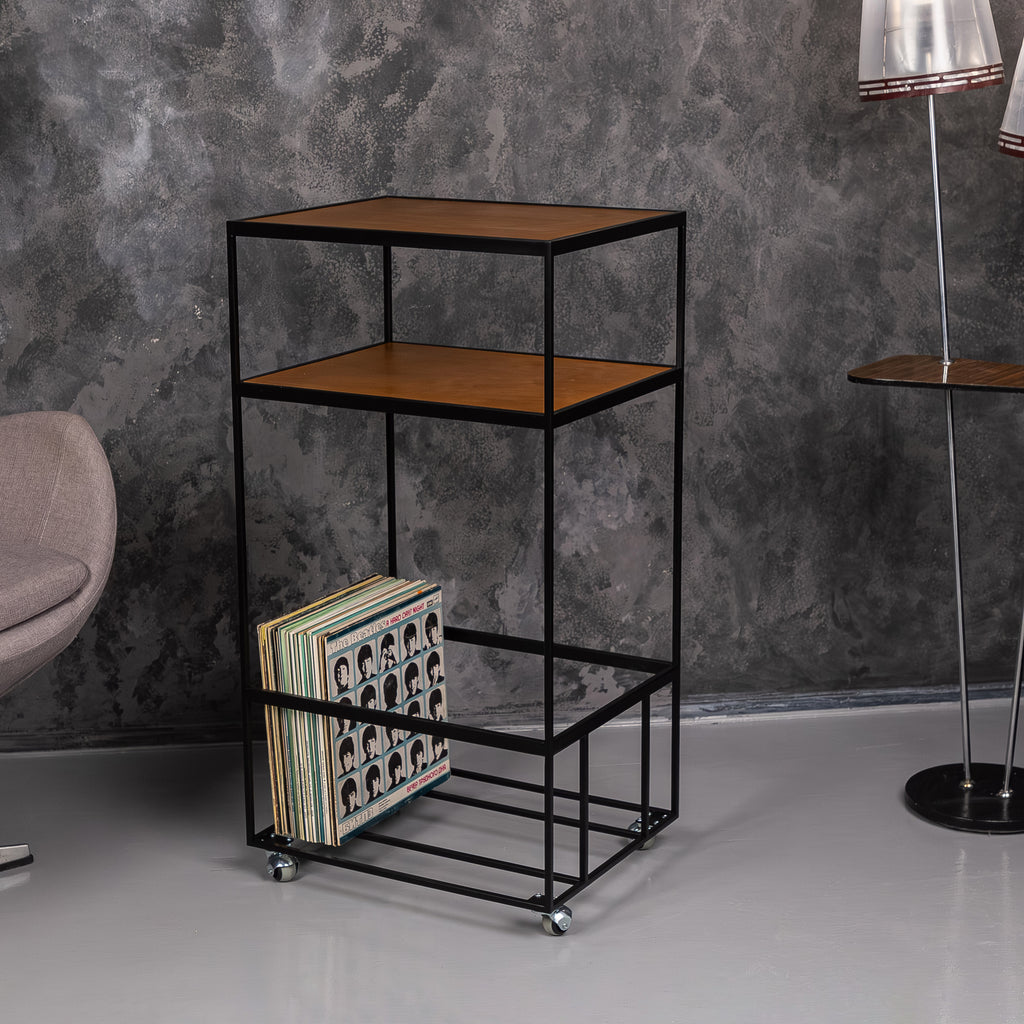 Modern Rolling Vinyl Record Stand with LP Storage, Metal Turntable Table