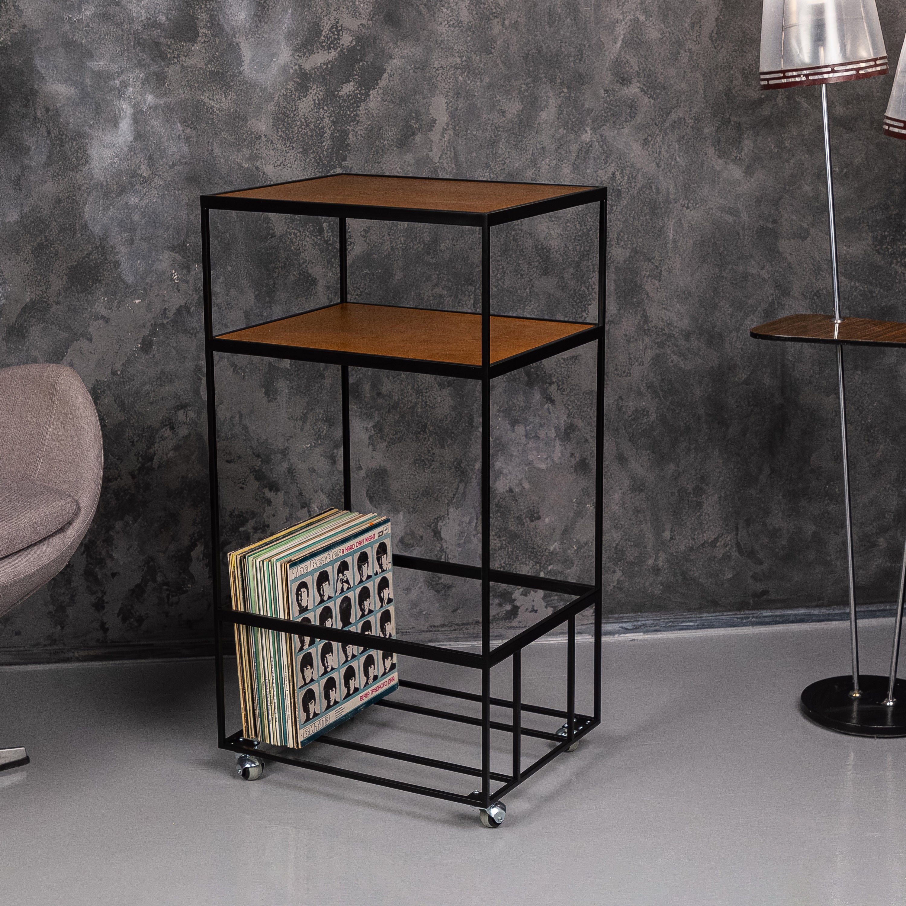 Modern Rolling Vinyl Record Stand with LP Storage, Metal Turntable Table