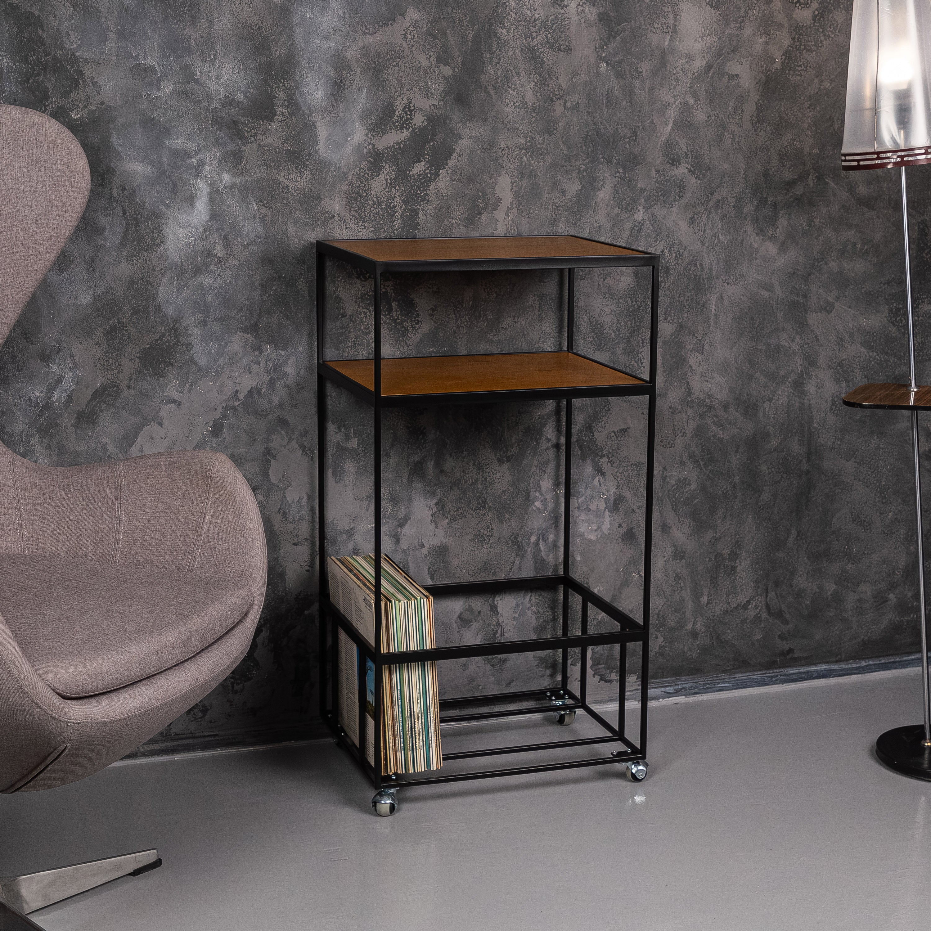 Modern Rolling Vinyl Record Stand with LP Storage, Metal Turntable Table