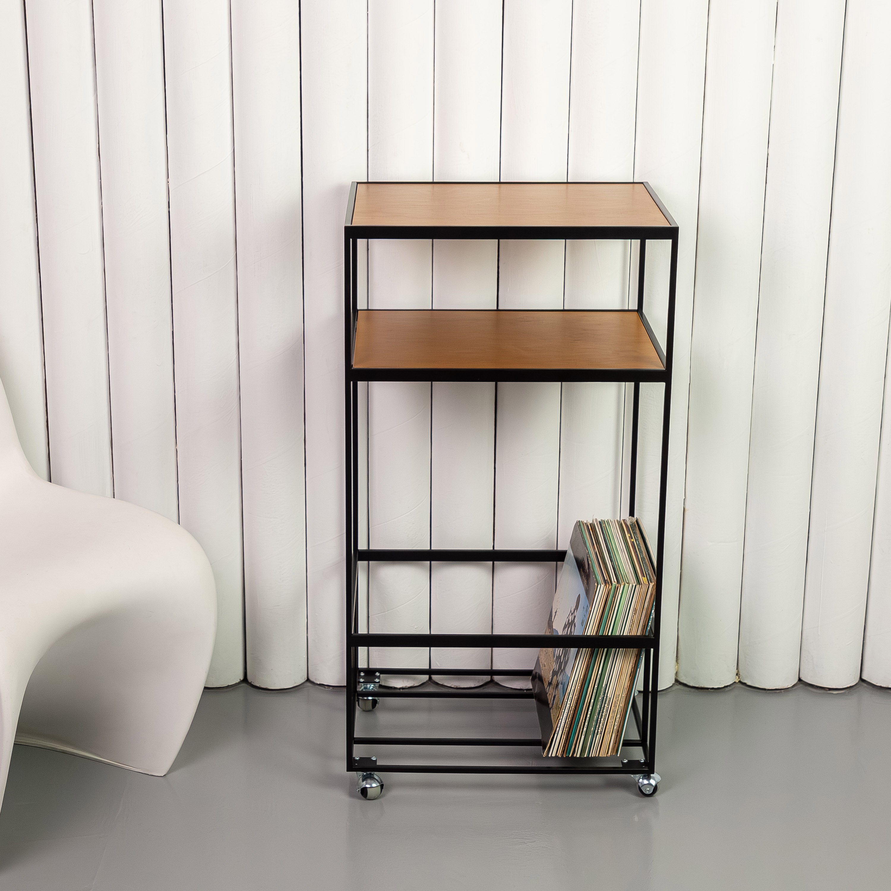 Modern Rolling Vinyl Record Stand with LP Storage, Metal Turntable Table