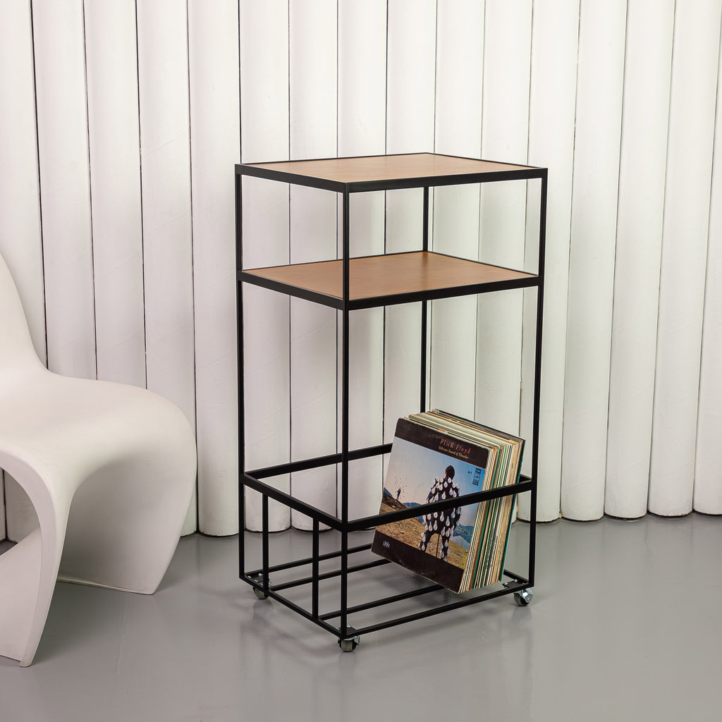 Modern Rolling Vinyl Record Stand with LP Storage, Metal Turntable Table