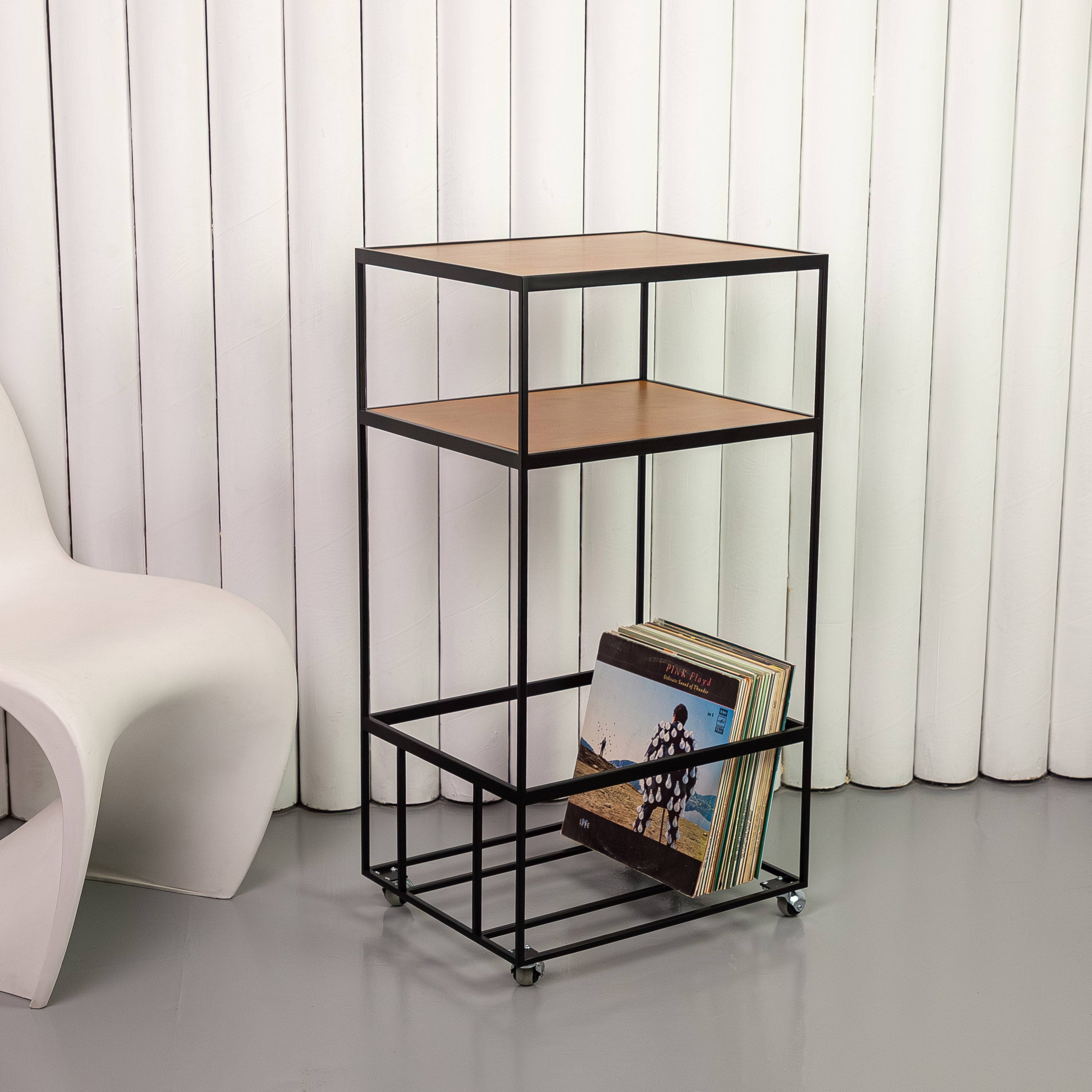 Modern Rolling Vinyl Record Stand with LP Storage, Metal Turntable Table