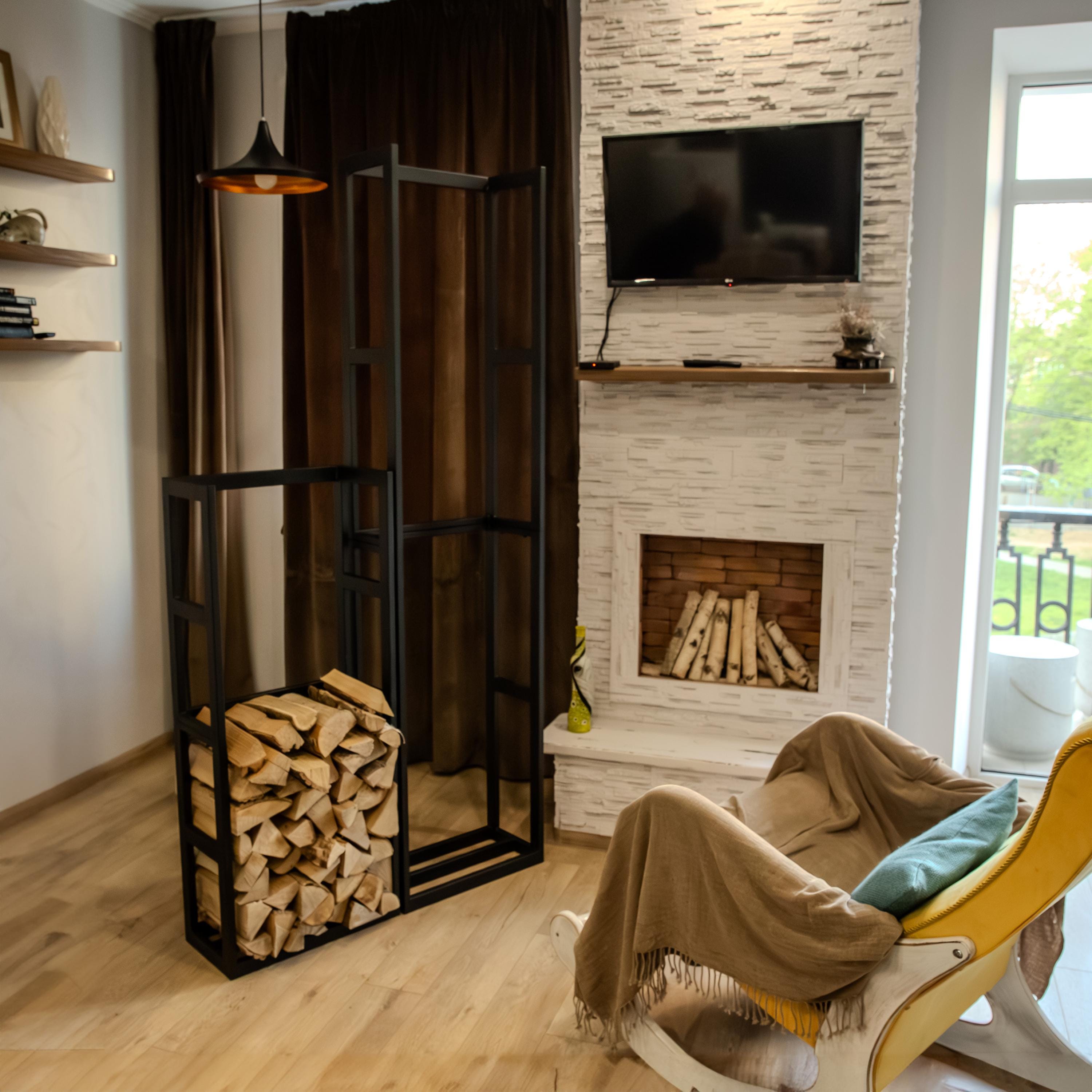 Fireplace Accessory Tall Log Store Metal Mid-Century Modern Firewood Rack Indoor Outdoor Storage Stand Handmade Decor Gift For Stylish Home