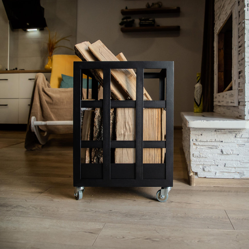 Firewood Storage with Wheels Stylish Log Mobile Firewood Box Modern Metal Holder Rack for Indoor & Outdoor Use Minimalist Industrial Design