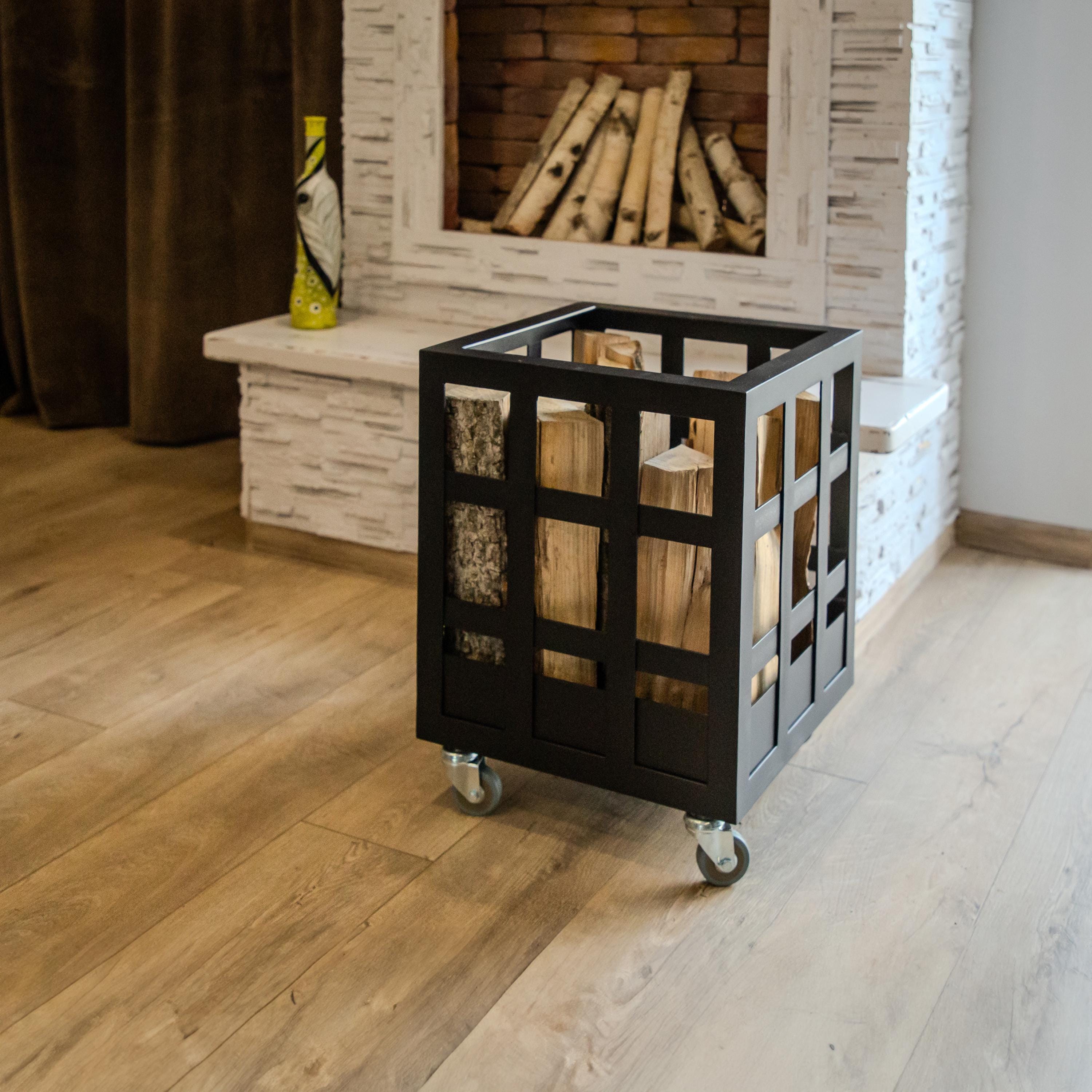 Firewood Storage with Wheels Stylish Log Mobile Firewood Box Modern Metal Holder Rack for Indoor & Outdoor Use Minimalist Industrial Design