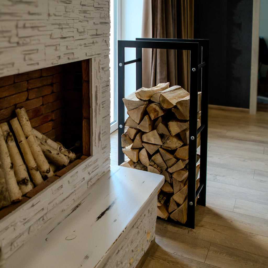 Modern Black Metal Firewood Rack: Indoor Log Holder, Fireplace Decor