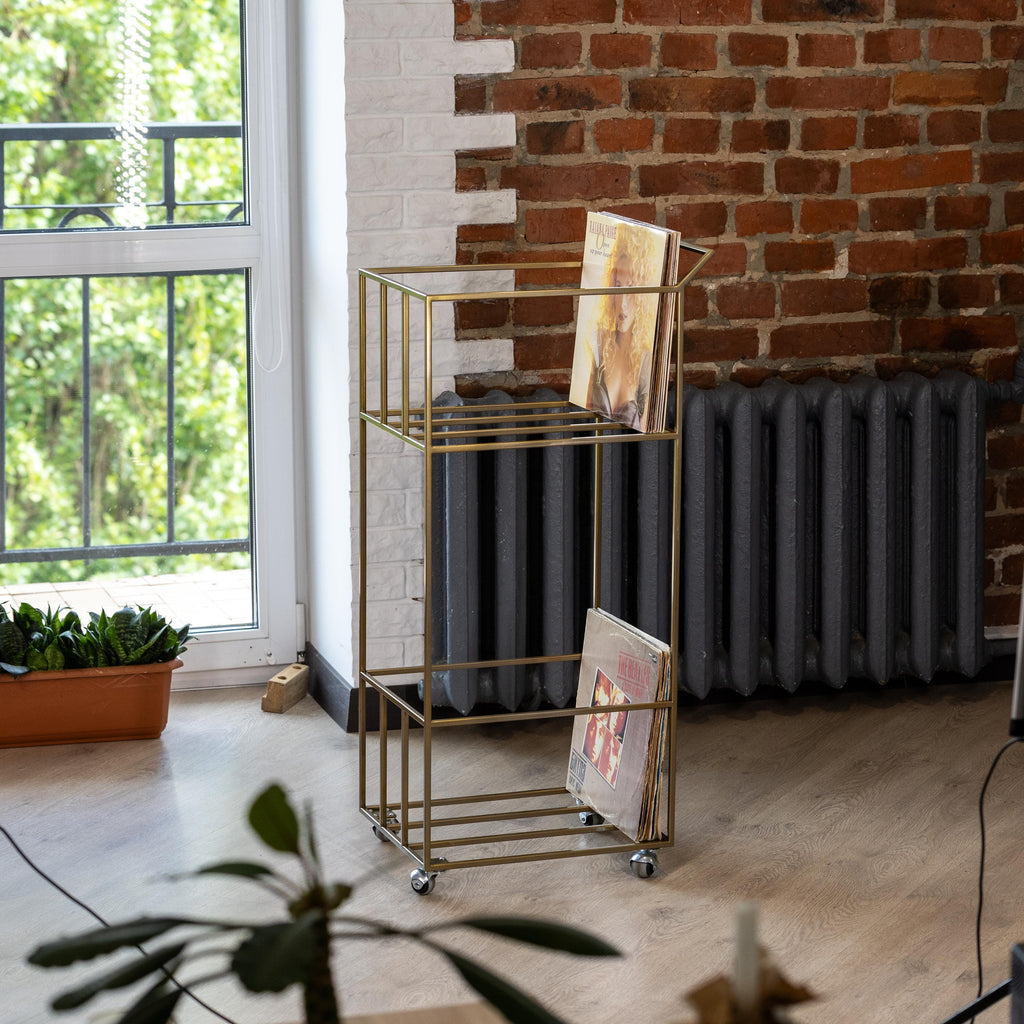 Handmade Metal Vinyl Record Cart: Contemporary LP Storage with Wheels