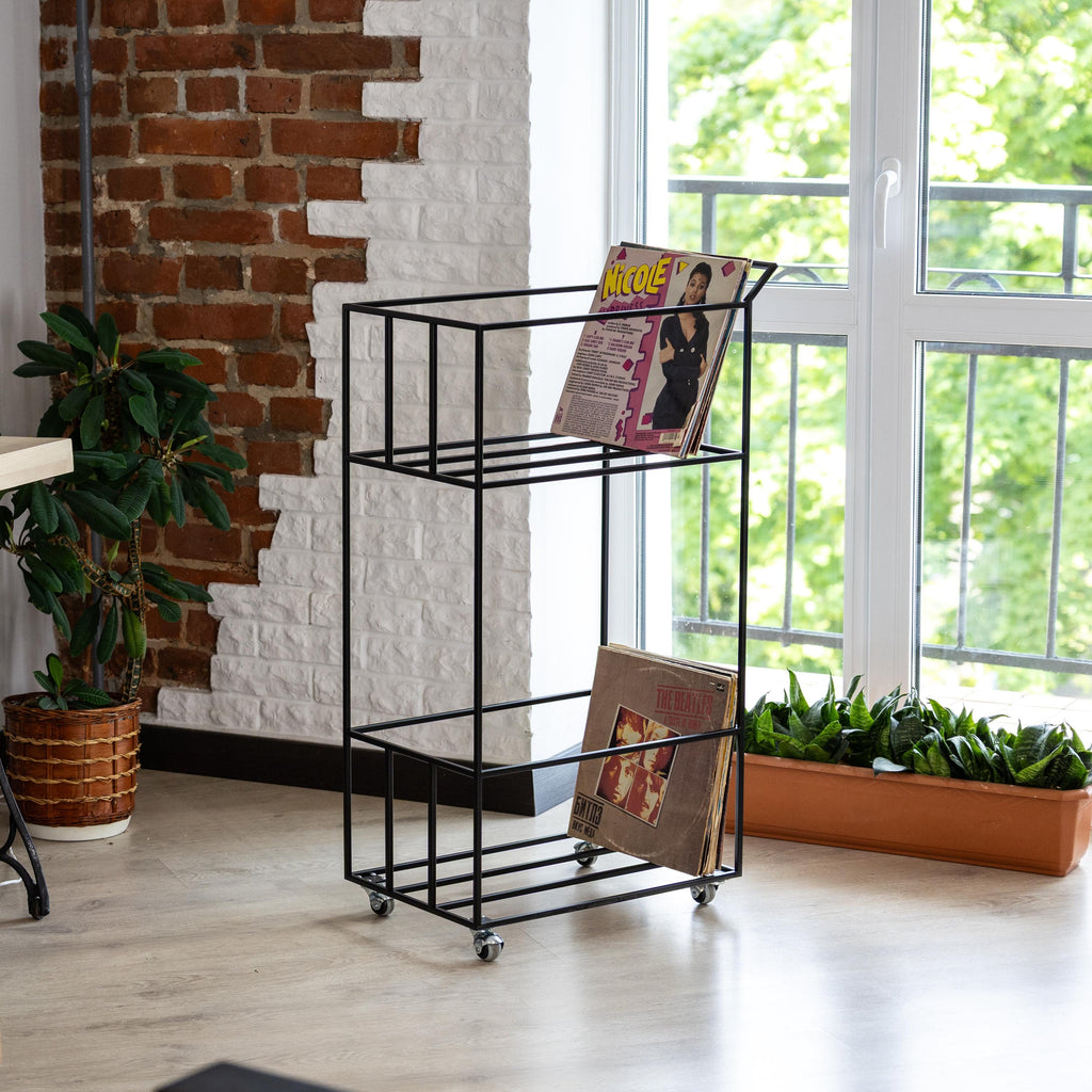 Handmade Metal Vinyl Record Cart: Contemporary LP Storage with Wheels