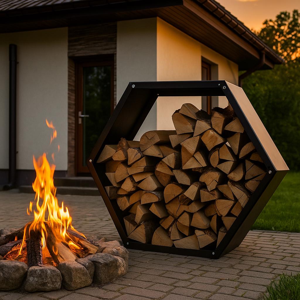 Modern Metal Log Rack - Indoor/Outdoor Firewood Holder, Hexagonal Fireplace Wood Organizer