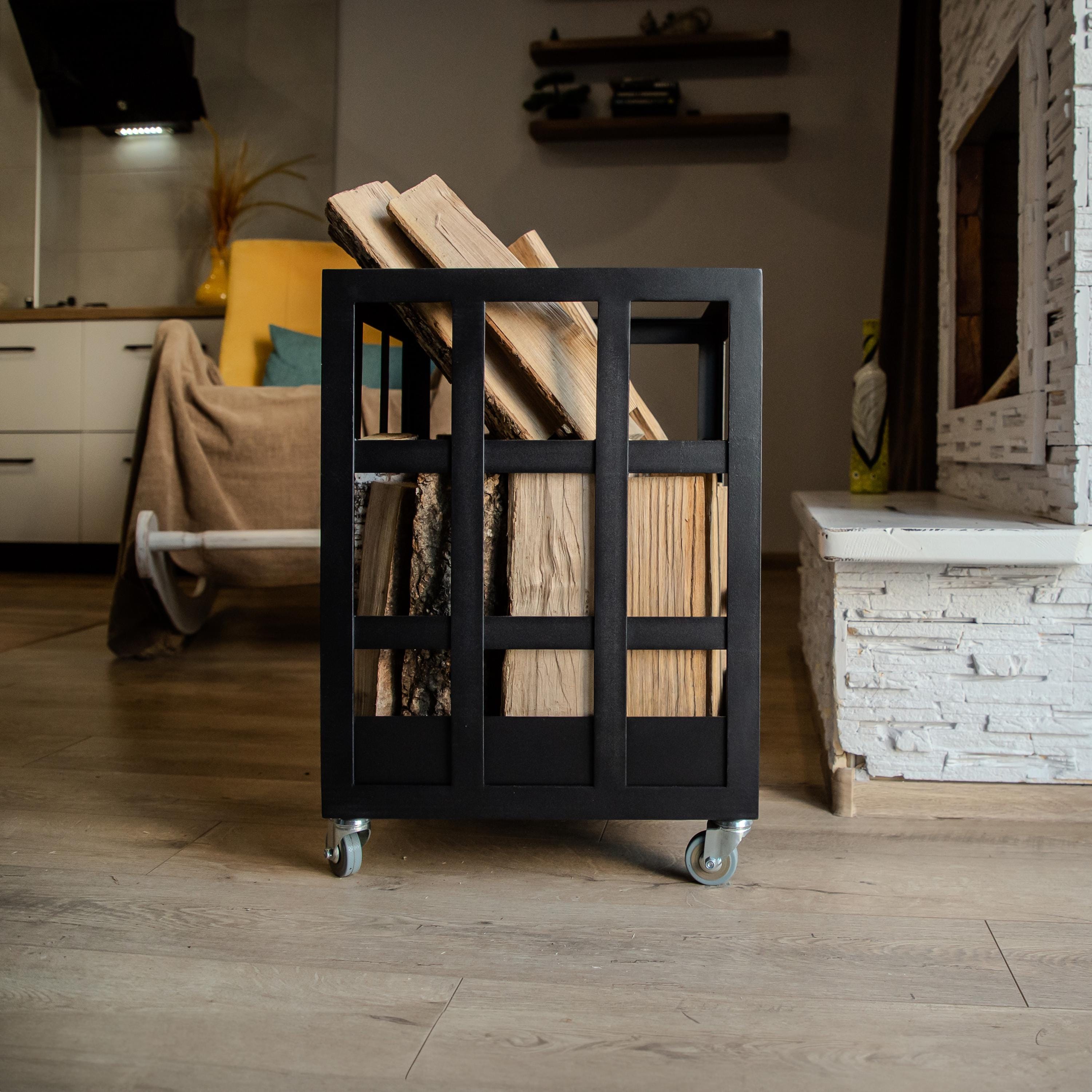 Mobile Firewood Box - Modern Metal Firewood Storage With Wheels For Indoor & Outdoor Use