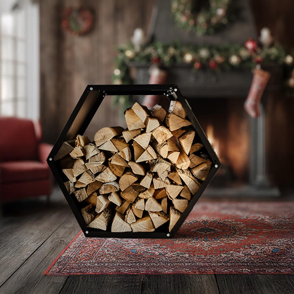 Hexagon Firewood Rack, Metal Log Holder, Indoor Outdoor Wood Storage