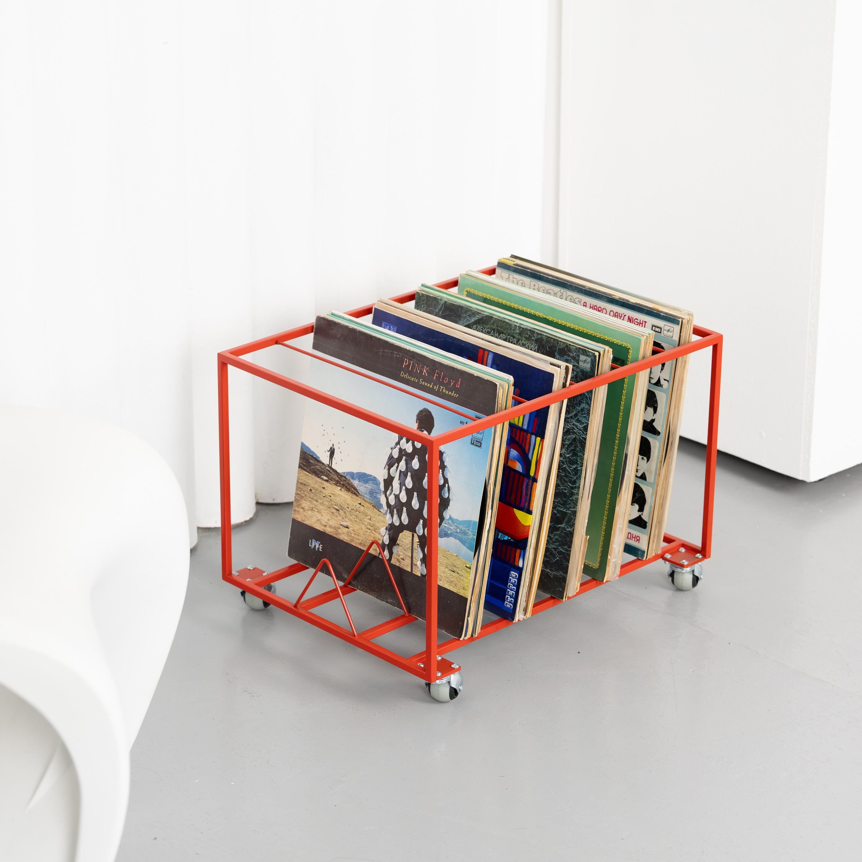 Modern Rolling Vinyl Record Stand  Metal LP Holder with Wheels, Minimalist Record Storage
