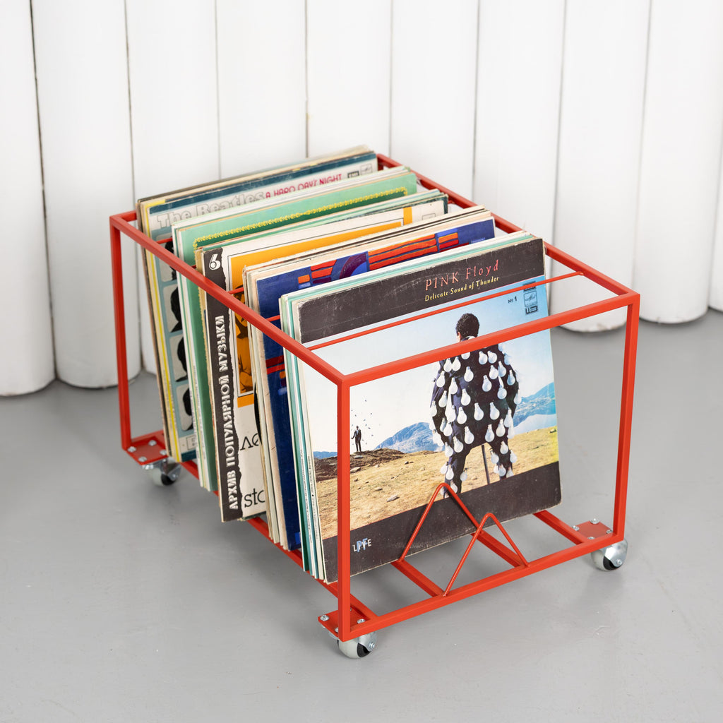 Modern Rolling Vinyl Record Stand  Metal LP Holder with Wheels, Minimalist Record Storage