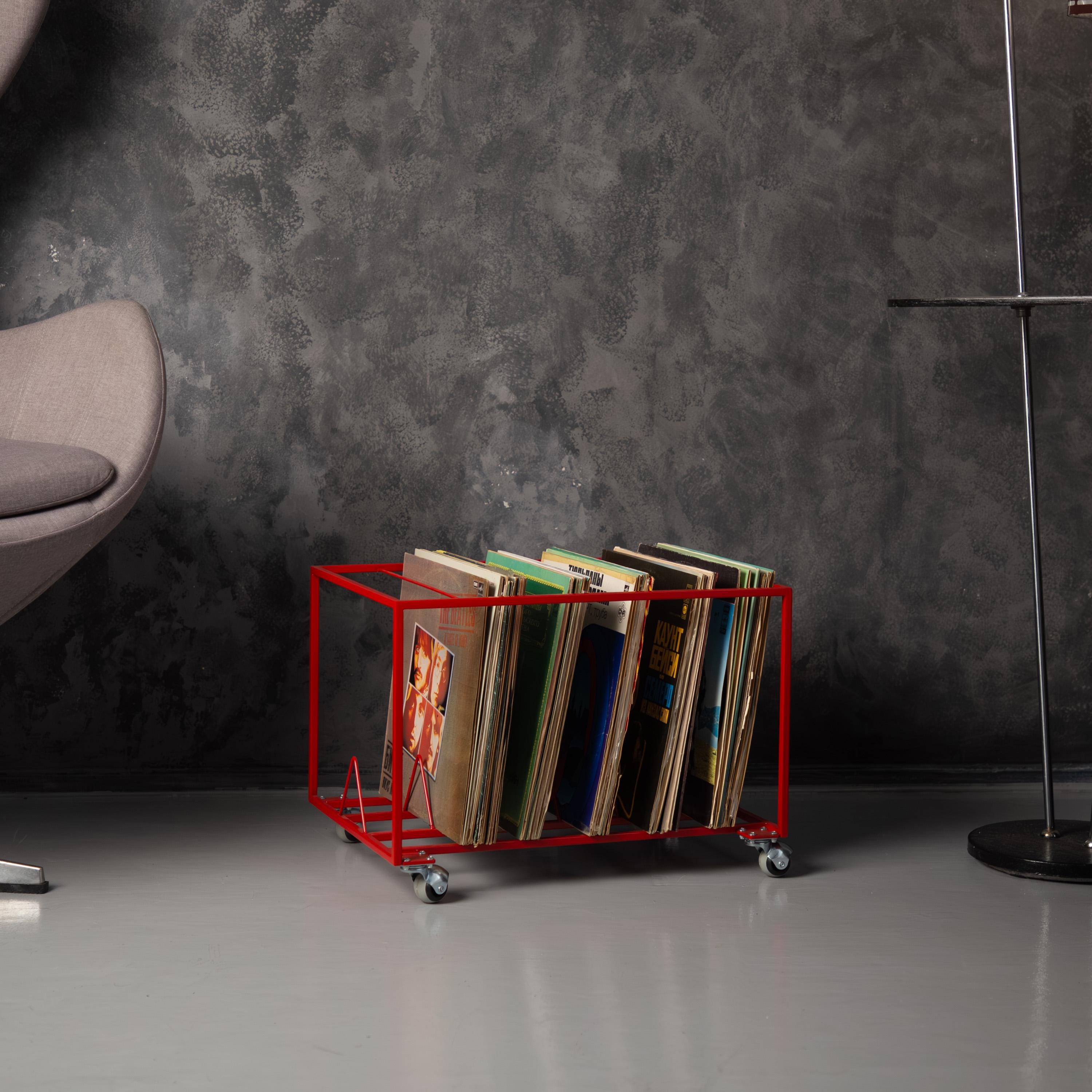 Modern Rolling Vinyl Record Stand  Metal LP Holder with Wheels, Minimalist Record Storage