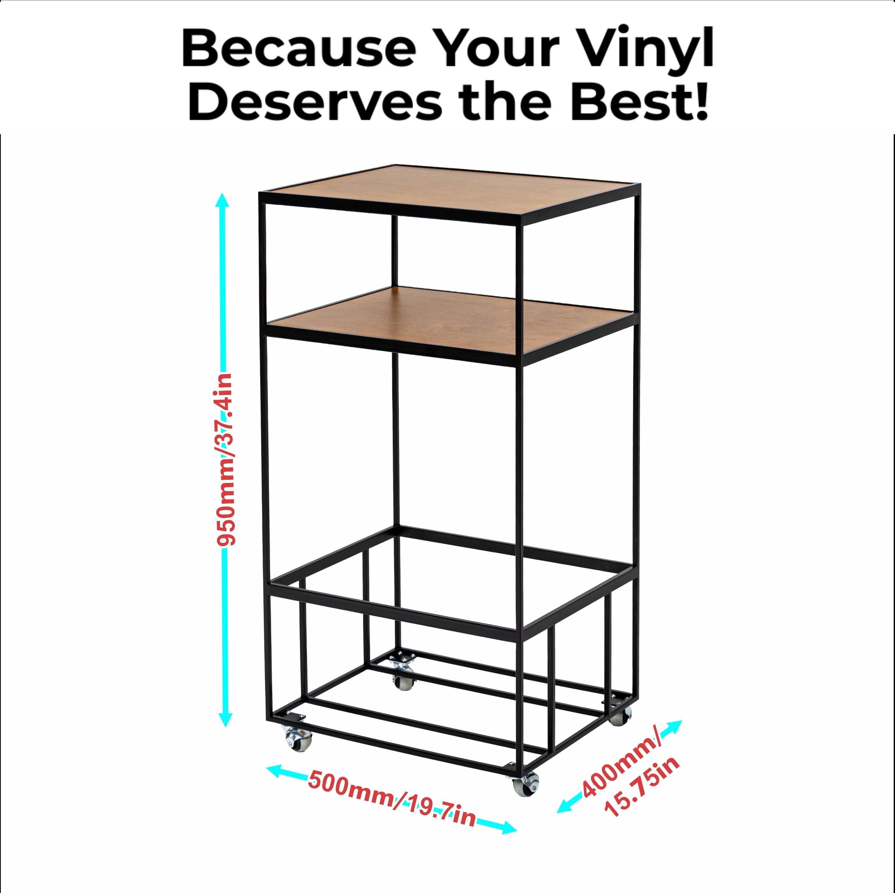 Rolling Vinyl Record Player Stand, Metal & Wood LP Storage