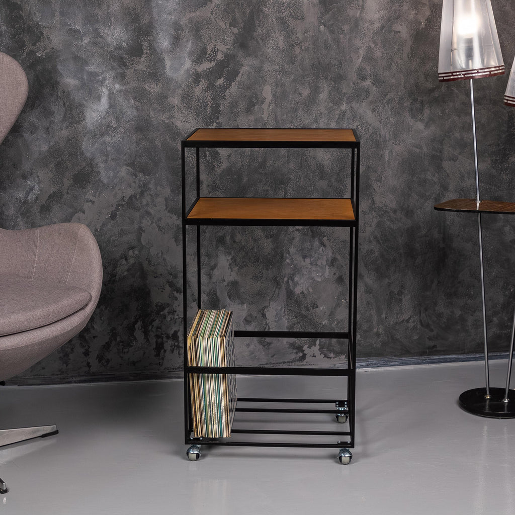 Modern Rolling Vinyl Record Stand with LP Storage, Metal Turntable Table