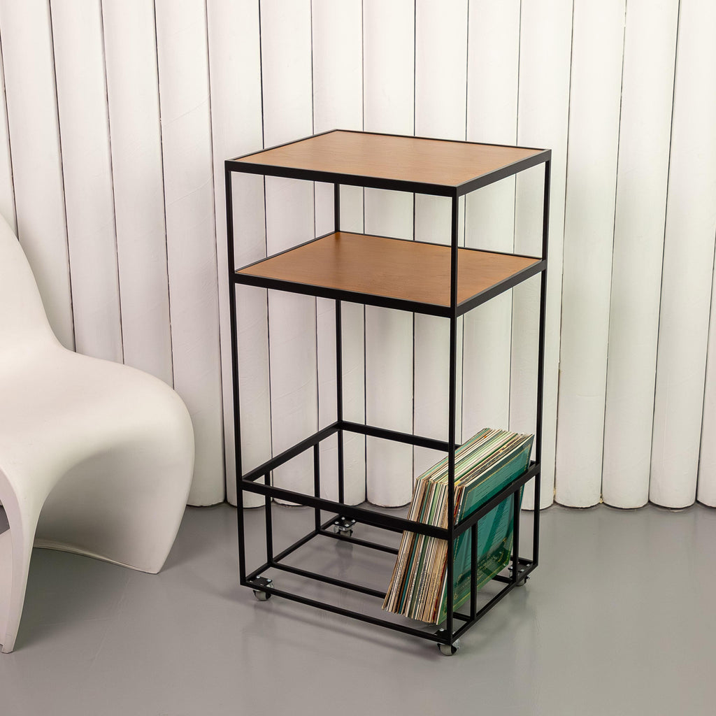 Rolling Vinyl Record Player Stand, Metal & Wood LP Storage
