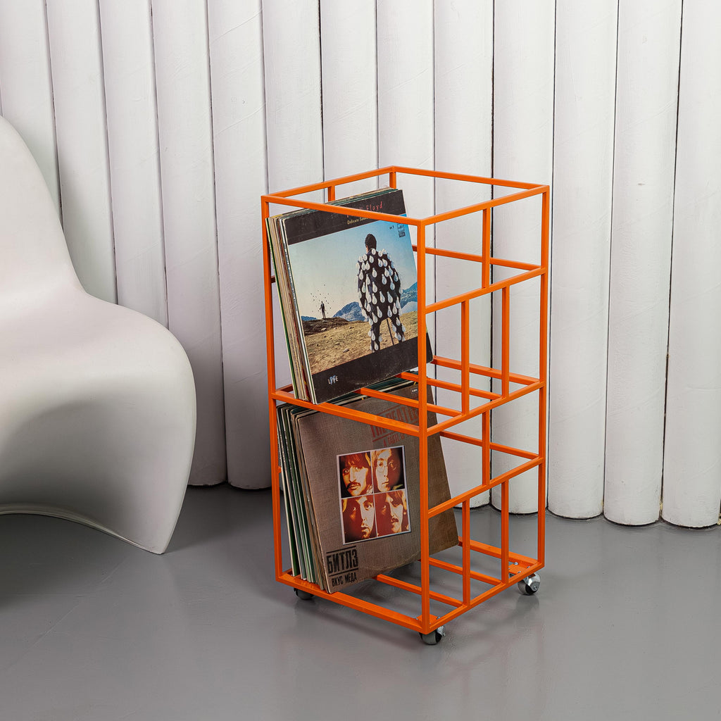 Modern Rolling Vinyl Record Stand, Metal LP Storage Cart, Record Organizer with Wheels