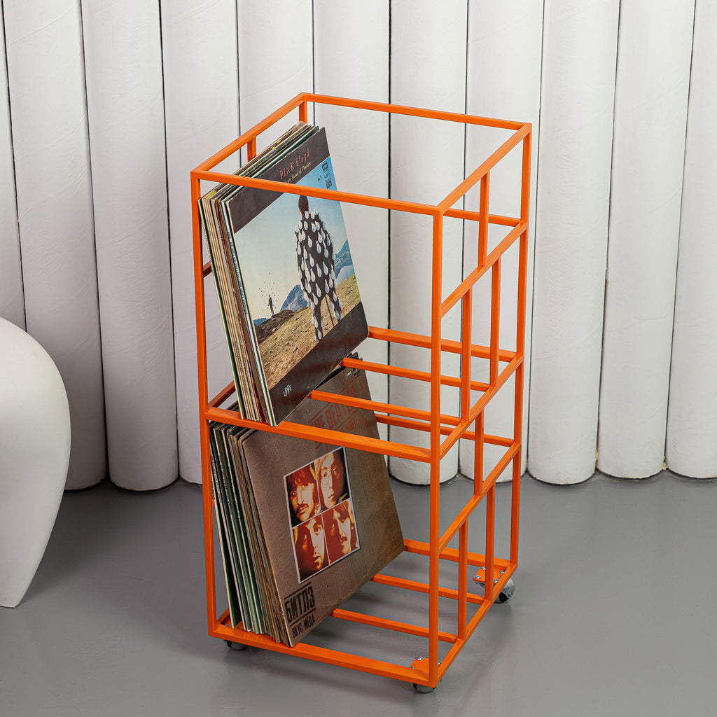 Modern Rolling Vinyl Record Stand, Metal LP Storage Cart, Record Organizer with Wheels