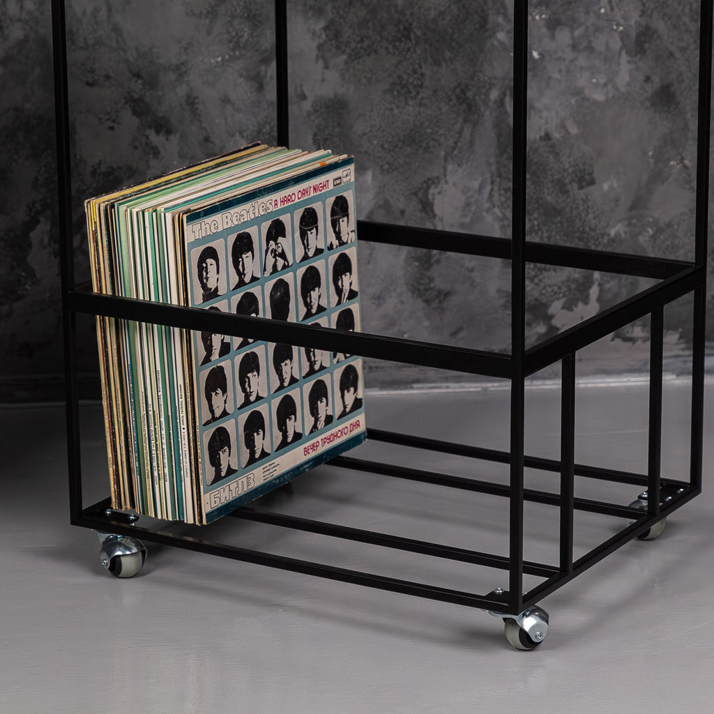 Rolling Vinyl Record Player Stand, Metal & Wood LP Storage