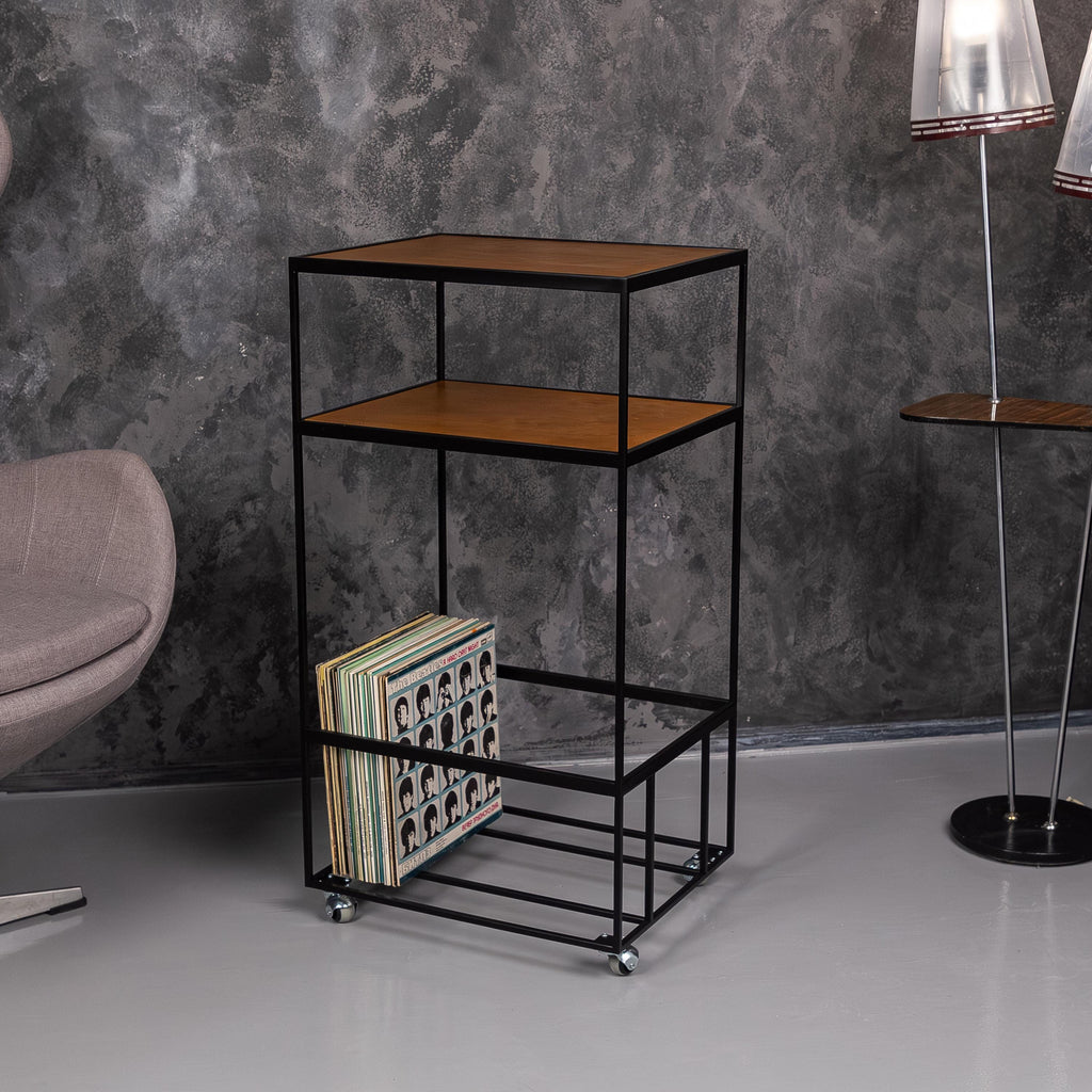 Modern Rolling Vinyl Record Stand with LP Storage, Metal Turntable Table