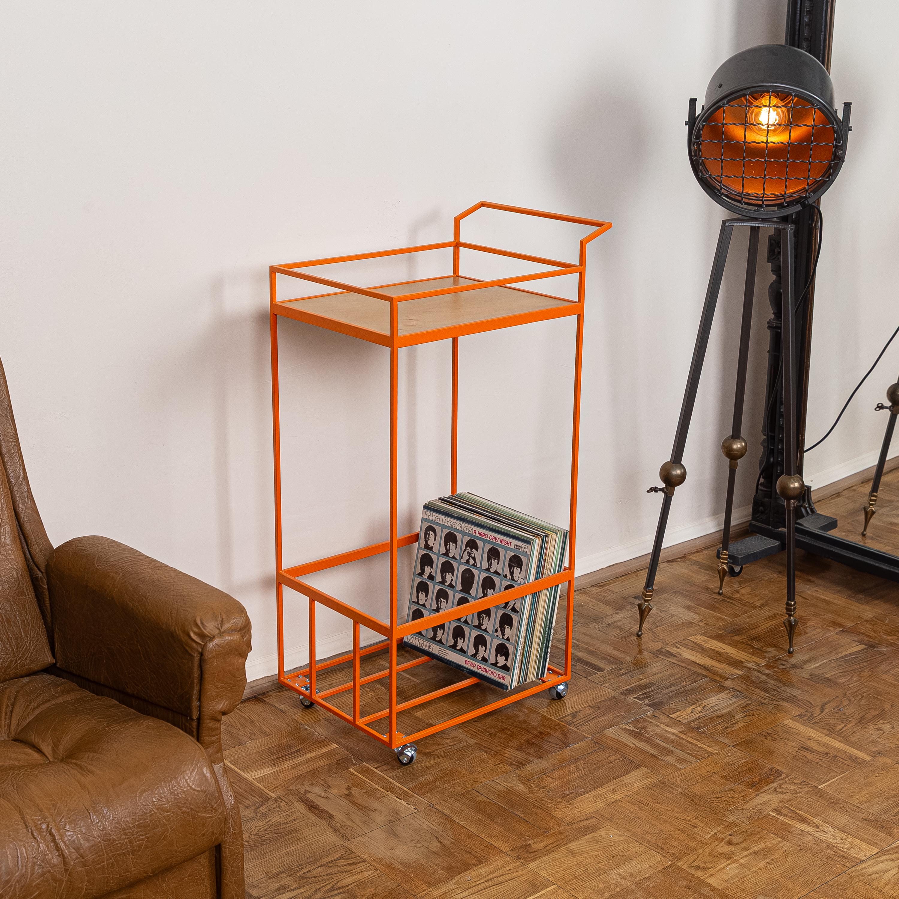 Rolling Vinyl Record Stand  Minimalist Metal Record Storage Cart on Wheels